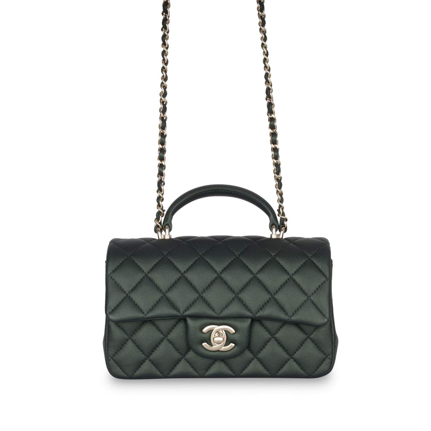 Chanel - Classic Flap Bag - Mini Rectangular Top Handle - Metallic Green  Lambskin CGHW