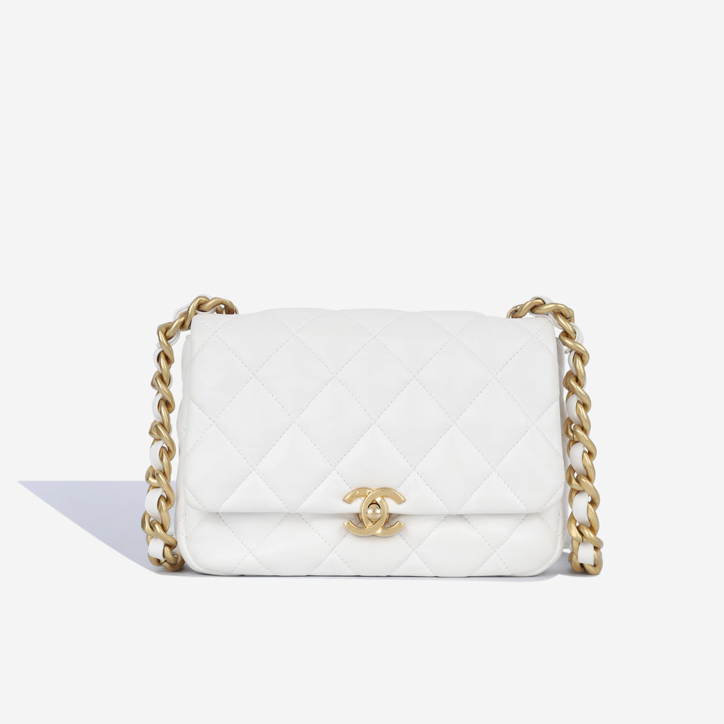 Lacquered Chain Flap Bag - White Lambskin