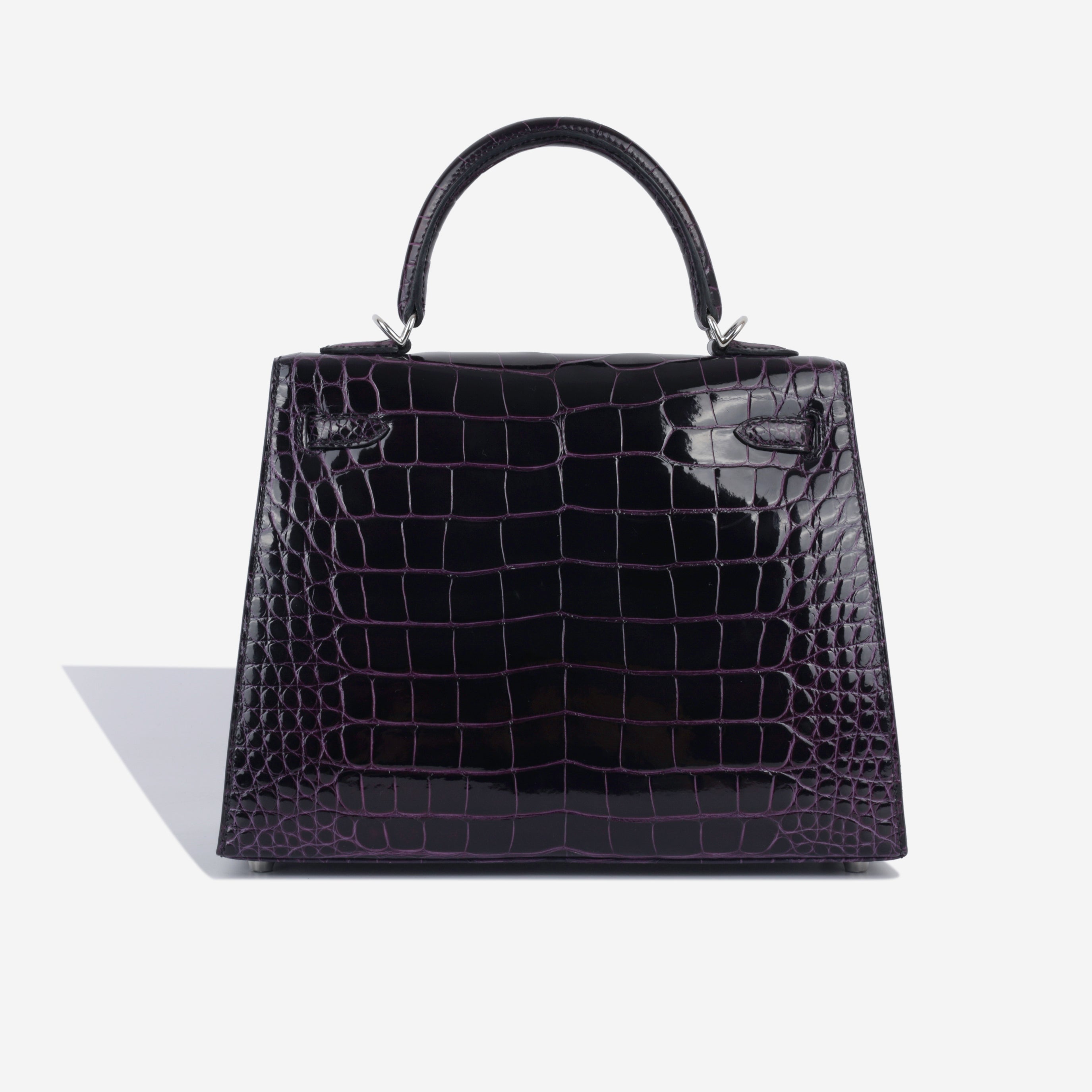 Hermès - Kelly 25 - Aubergine Shiny Croc - PHW - Immaculate