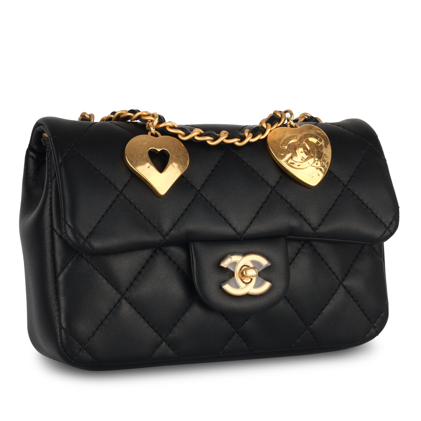 Chanel CF 19cm Mini Flap Bag Heart Chain Lambskin Black, Black, One Size